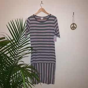 LuLaRoe Julia Dress, pink + grey striped